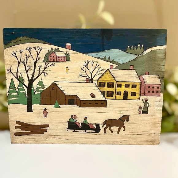 Vintage Folk Art Sleigh Ride Painting on Board 16 x 12 American Snow Horse Farm - Picture 2 of 11